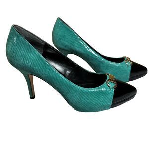 White House Black Market Women's Heels Size 8 Green Teal Black Gold Accent NICE